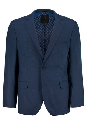 Granatowa marynarka z klapami, dwoma przednimi kieszeniami, pojedynczym zapięciem na guzik i wzorzystą podszewką. Teksturowany materiał.