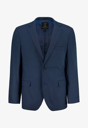 Granatowa marynarka z klapami, dwoma przednimi kieszeniami, pojedynczym zapięciem na guzik i wzorzystą podszewką. Teksturowany materiał.