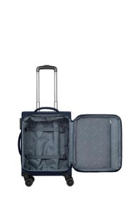Valigia blu navy con manico telescopico e quattro ruote. L'interno presenta una fodera grigia, cinghie per fissare gli oggetti e una tasca con zip.