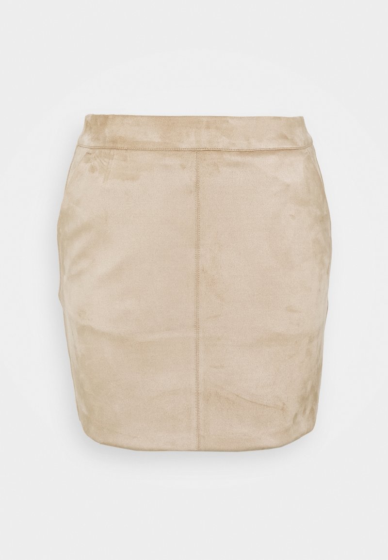 Beżowa mini spódnica zamszowa z miękką fakturą, z przeszyciem z przodu i dopasowanym krojem. Prosty i minimalistyczny styl.