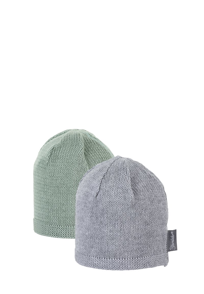 Two beanie hats: one mint green and one light grey, both knitted with a ribbed texture, featuring a small label on the grey hat.