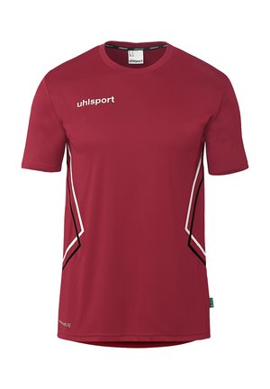 Kurzärmeliges Sportshirt in Dunkelrot mit weißen und schwarzen schrägen Streifen an den Seiten und weißem "uhlsport"-Logo auf der Vorderseite der Brust.