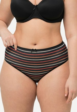 Zwarte high-waisted onderbroek met een gestreept patroon in rood en beige. Beschikt over een gladde textuur en een klein strikje als accent op de tailleband.