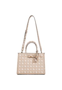 Bolso de mano beige con patrón blanco, forma rectangular estructurada, doble asas y correa desmontable. Cuenta con herrajes en tono dorado y etiqueta de acento.
