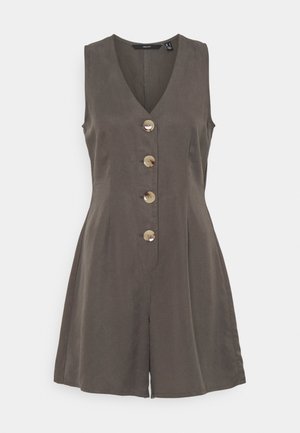 Rompers sans manches gris avec un décolleté en V, doté de cinq gros boutons ronds sur le devant et d'un tissu à texture douce.