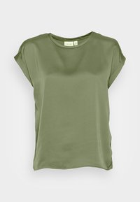 Grüne Bluse mit kurzen Ärmeln aus glattem Stoff, mit rundem Ausschnitt und umgeschlagenen Ärmeln, locker geschnitten und mit geradem Saum.