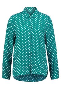 Chemise boutonnée sarcelle à pois blancs, manches longues et ourlet arrondi. Fabriquée à partir d'un tissu léger à la texture lisse.