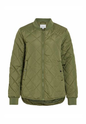 Quilted bomber jacket in olive green, featuring a round neck, front zipper, and ribbed cuffs. Two side pockets with snap closures.