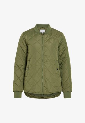 Quilted bomber jacket in olive green, featuring a round neck, front zipper, and ribbed cuffs. Two side pockets with snap closures.