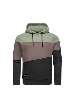 Huppari, jossa on väriesteinen muotoilu vihreässä, vaaleanpunaisessa ja tummanharmaassa. Valmistettu pehmeästä kankaasta, jossa on nyörit ja logopatch.
