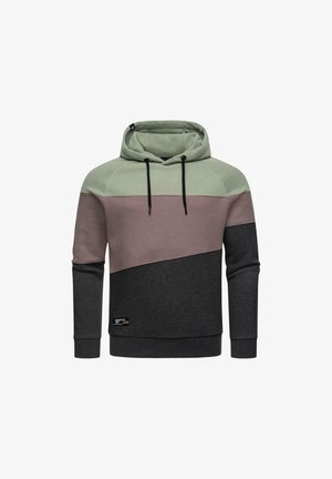 Hoodie met een kleurblokontwerp in groen, roze en donkergrijs. Gemaakt van zachte stof met trekkoorden en een logopatch.