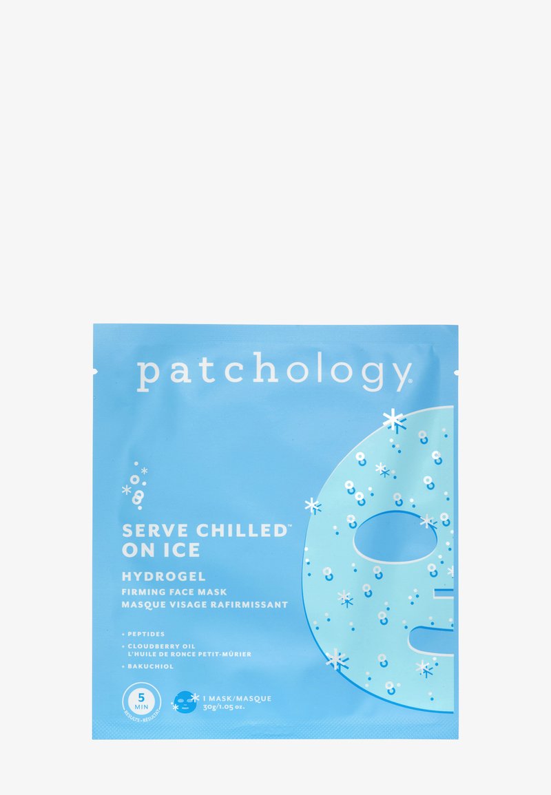 Blue packaging features a stylized face mask design and text "Serve Chilled On Ice." Includes product details and ingredients.