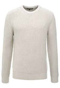 Jasnoszara, dziana sweter z długim rękawem, z prążkowanym okrągłym dekoltem, mankietami i dołem, prezentowany na białym tle.