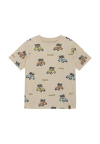 Beige Baumwoll-T-Shirt mit kurzen Ärmeln, das bunte Autoillustrationen und Texte enthält, die "SURF", "SUMMER" und "HOLIDAY" beinhalten.