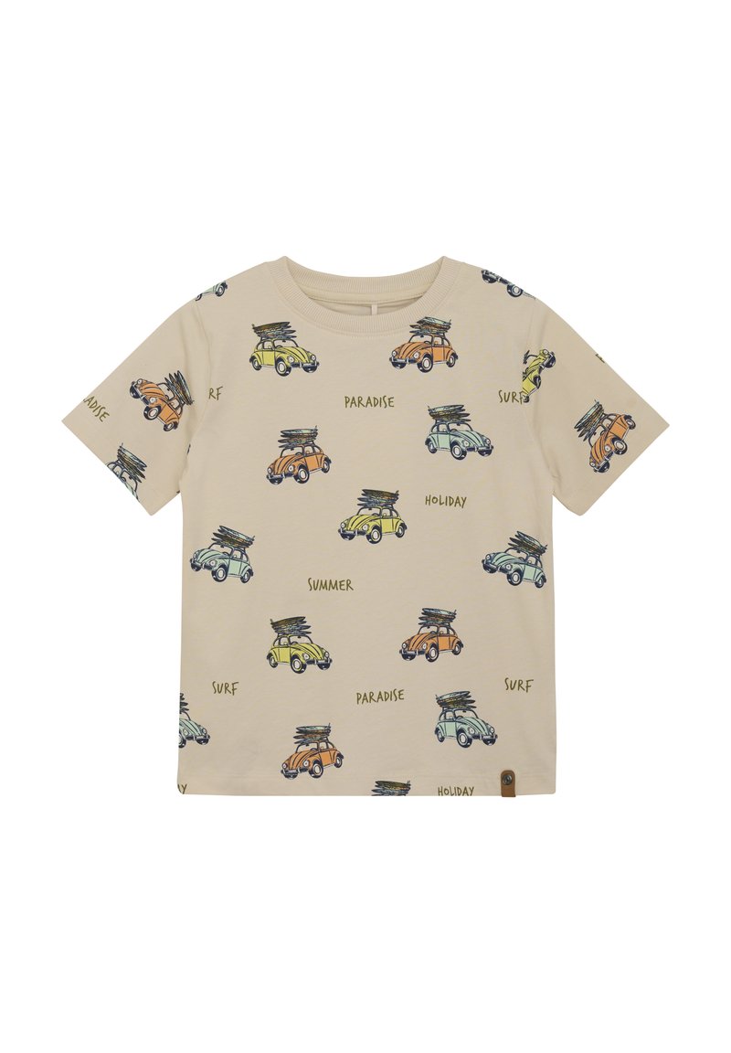 Beige Baumwoll-T-Shirt mit kurzen Ärmeln, das bunte Autoillustrationen und Texte enthält, die "SURF", "SUMMER" und "HOLIDAY" beinhalten.