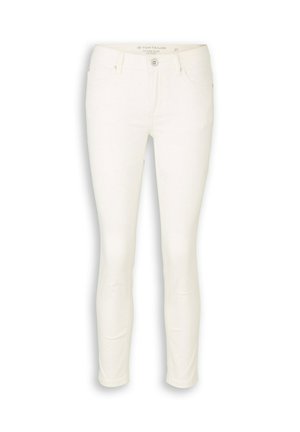 White slim-fit cropped jeans with button and zipper closure, front and back pockets, displayed on a white background.