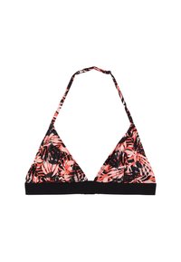 Haut de bikini triangle avec une base noire et un tissu à motifs vifs rose, corail et noir. Bretelles ajustables et texture douce.