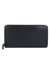 Zwarte leren portemonnee met een zachte textuur, ritssluiting en verhoogd logo op de voorkant, met een minimalistisch ontwerp.