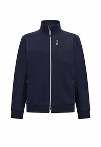 Navy zip-up jacket made from soft fabric, featuring a high collar, side zip pockets, and a diagonal pattern across the chest.
