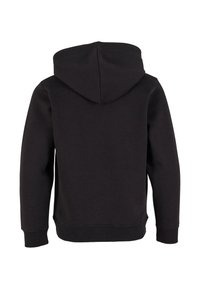 Felpa nera con cappuccio, dal tessuto morbido, con polsini e orlo a costine. Presenta una cucitura centrale e un cappuccio arrotondato sul retro.