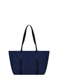 Námořnicky modrá taška na rameno vyrobená z texturované tkaniny, se dvěma dlouhými popruhy a nenápadným logem na přední straně. Odolný a prostorný design.