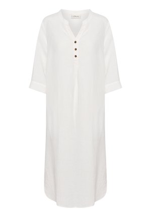 Vestido de lino blanco con escote en V, tapeta de tres botones y mangas enrolladas. Presenta un corte holgado y un dobladillo recto.