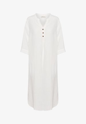 Biała lniana sukienka z dekoltem w serek, pliską na trzy guziki i podwiniętymi rękawami. Posiada luźny krój i prosty dół.