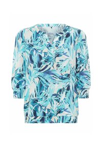 Lange mouwblouse van lichte stof met een blauw en groene tropische bladpatroon, met een V-hals en geplooide manchetten.