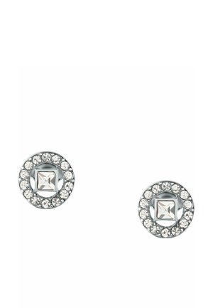 Runde sølv ørestikker med en firkantet klar ædelsten i midten omgivet af en cirkel af mindre klare krystaller.