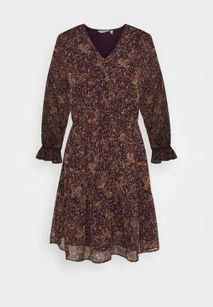 Langärmliges knielanges Kleid mit V-Ausschnitt, elastischer Taille, gerafften Bündchen und dunklem Blumenmuster in Brauntönen und Beige.