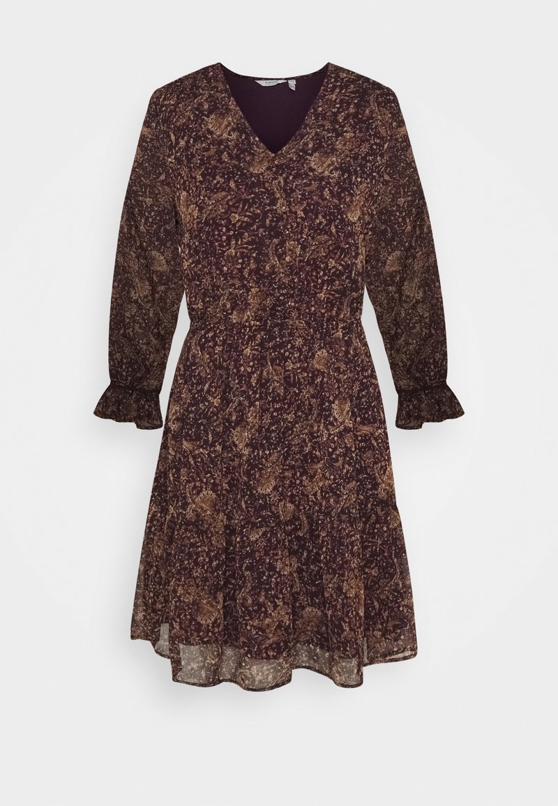 Robe à manches longues jusqu’au genou avec col en V, taille élastique, poignets à volants et motif floral foncé dans des tons marron et beige.