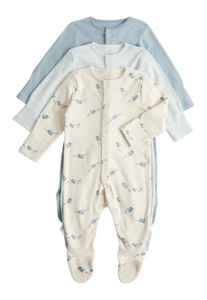 Drei langärmelige Baby-Strampler, einer hellblau, einer weiß mit dezenten Streifen und einer cremefarben mit blauem Maus- und Schnurprint, alle mit Druckknöpfen vorne.