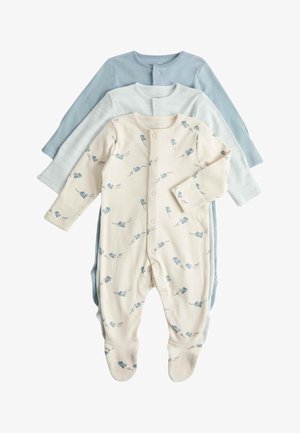 Drie babyrompers met lange mouwen, één lichtblauw, één wit met subtiele strepen en één crème met blauwe muis- en touwprints, allemaal met drukknopen aan de voorkant.