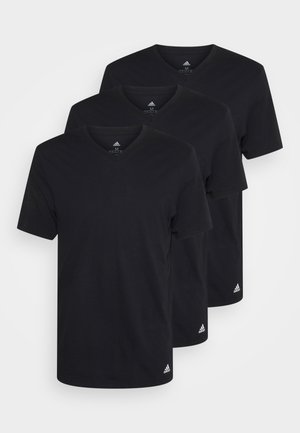 Black cotton v-neck t-shirts in a pack of three, featuring short sleeves and an Adidas logo on the hem.