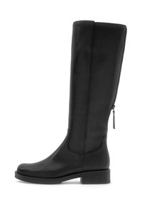Botte en cuir noire, hauteur genou, avec un petit talon carré, bout rond et fermeture éclair à l'arrière.