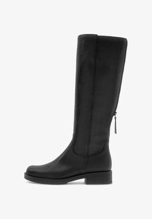 Botte en cuir noire, hauteur genou, avec un petit talon carré, bout rond et fermeture éclair à l'arrière.