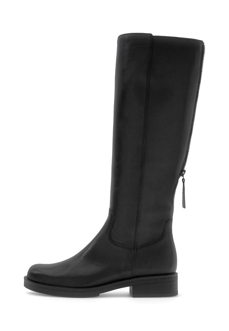 Botte en cuir noire, hauteur genou, avec un petit talon carré, bout rond et fermeture éclair à l'arrière.