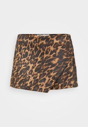 Mini-rok met luipaardprint, gemaakt van gladde stof; heeft een wikkelontwerp, een bruin en zwart kleurenschema en een nette zoom.