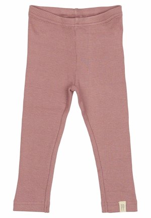 Rosa Rippleggings mit dehnbarem Bund und einem kleinen Etikett mit "PP" am Saum. Glatte Textur und figurbetontes Design.