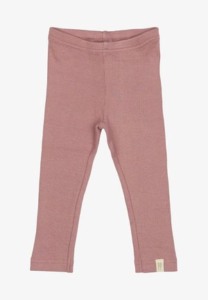 Lyserøde ribbede leggings med en strækbar talje og et lille mærke med "PP" ved kanten. Glat tekstur og tætsiddende design.