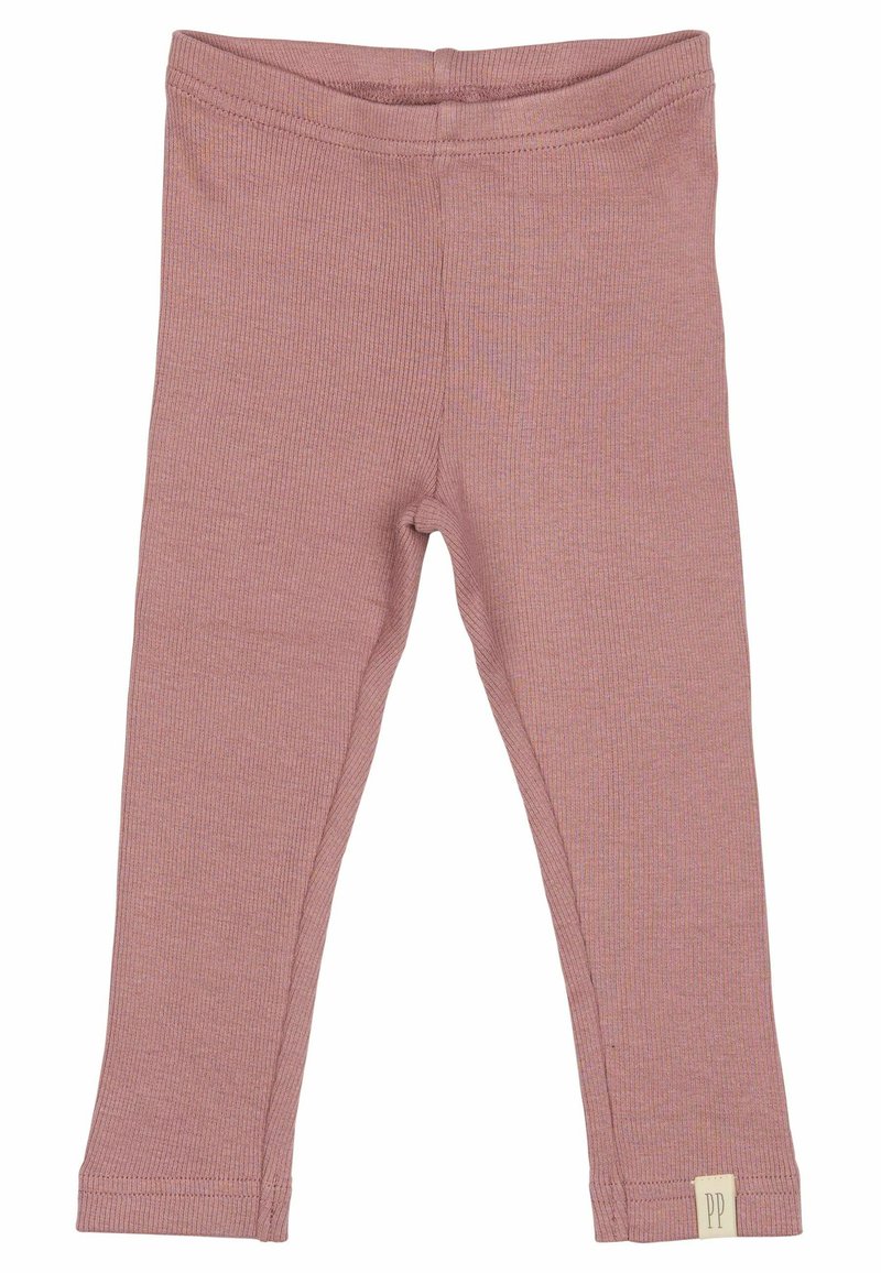 Leggings rosa a coste con una cintura elasticizzata e un piccolo etichetta con "PP" all'orlo. Texture liscia e design aderente.