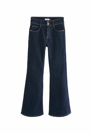 Mørkeblå flare jeans lavet af denim. Har to frontlommer, lynlås og guldfarvet hardware. Glat tekstur med synlige stikninger.