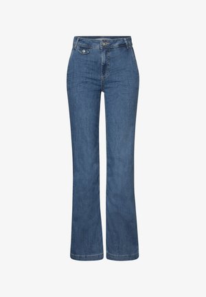 Hochgeschnittene Flared-Jeans in Mittelblau, ausgestattet mit Fronttaschen und silberner Hardware. Glatte Textur mit klassischem Design.