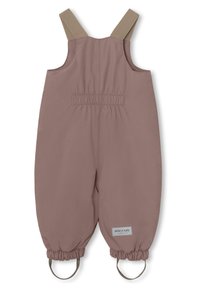 Rosa lett overall med elastiske mansjetter, justerbare beige stropper og samlet midje. Har logoer på sømmen.