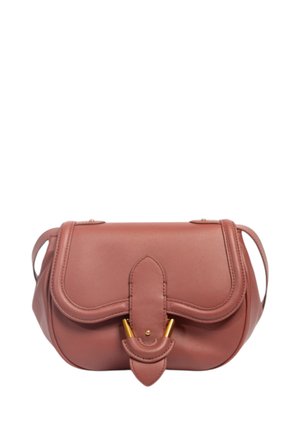 Piccola borsa a tracolla in pelle rosa polverosa con patta curva e dettaglio in metallo dorato unico sulla chiusura frontale.