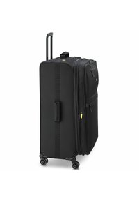 Valigia nera con ruote doppie, manico regolabile, tasca frontale con zip e maniglia laterale; realizzata in tessuto resistente con cuciture robuste.
