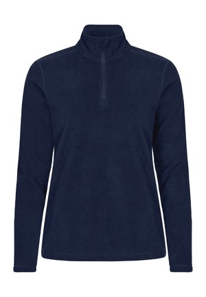 Marineblå fleece sweater med halv-zip krave, lange ærmer og en blød tekstur; har et diskret logo på forsiden.