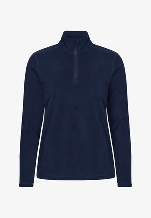 Marineblå fleece sweater med halv-zip krave, lange ærmer og en blød tekstur; har et diskret logo på forsiden.