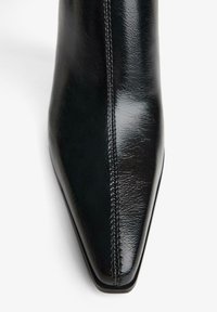 Černá kožená bota s špičatou špičkou, středovým prošitím a lehkým leskem na bílém pozadí.