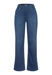 Denim trousers with a wide-leg design, featuring an elastic waistband, in medium blue. Smooth texture with subtle stitching details.
